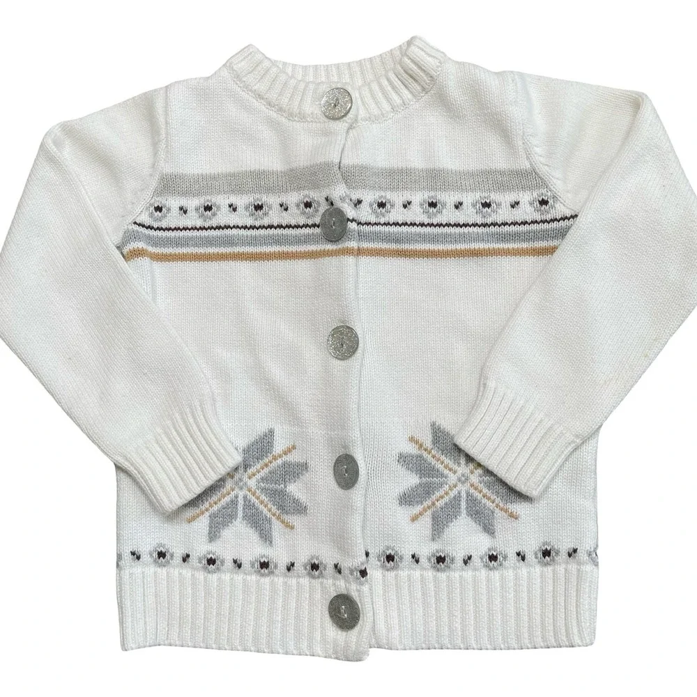 Gymboree Kids Sweater Cardigan S 5-6 White Snowflake Fair Isle Knit Cotton